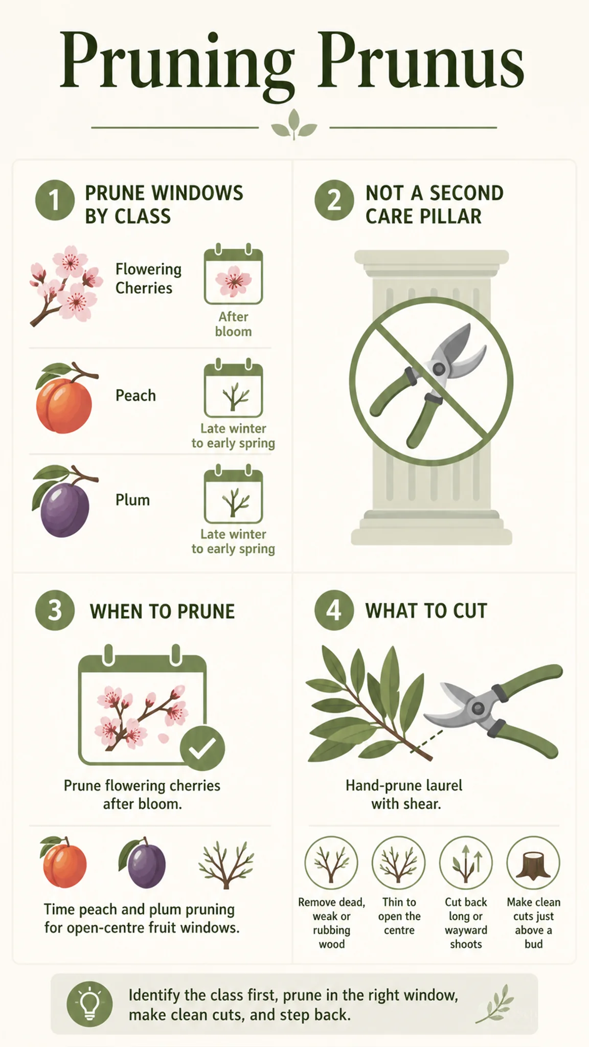 Pruning Prunus care summary diagram