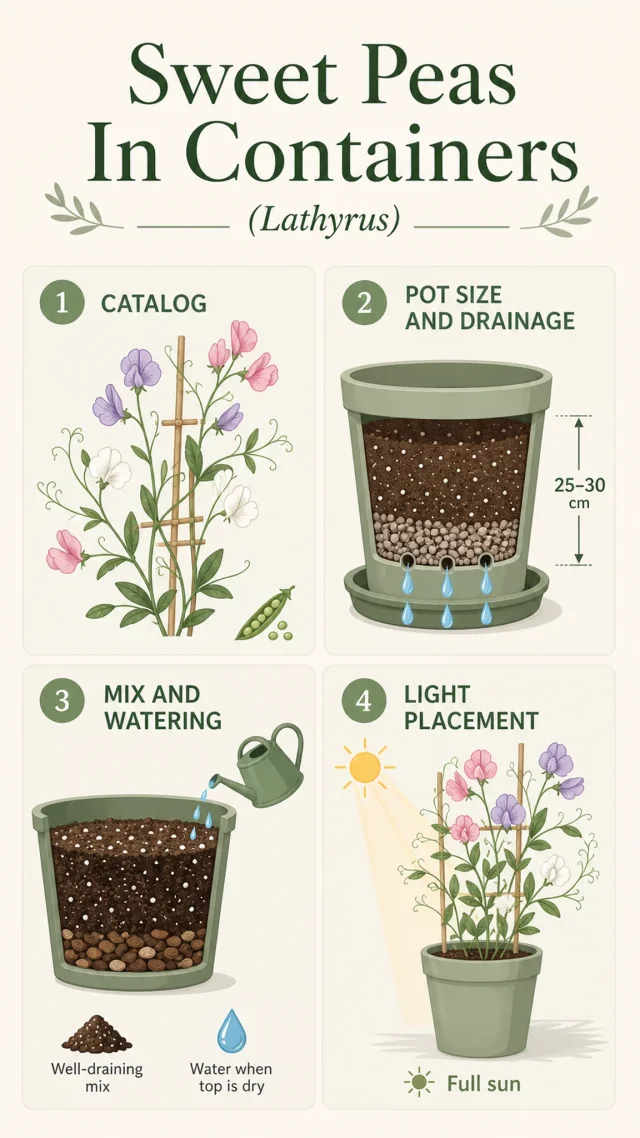 Sweet Peas In Containers care summary diagram
