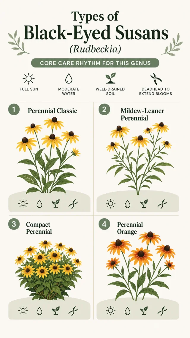 Types of Black-Eyed Susans care summary diagram