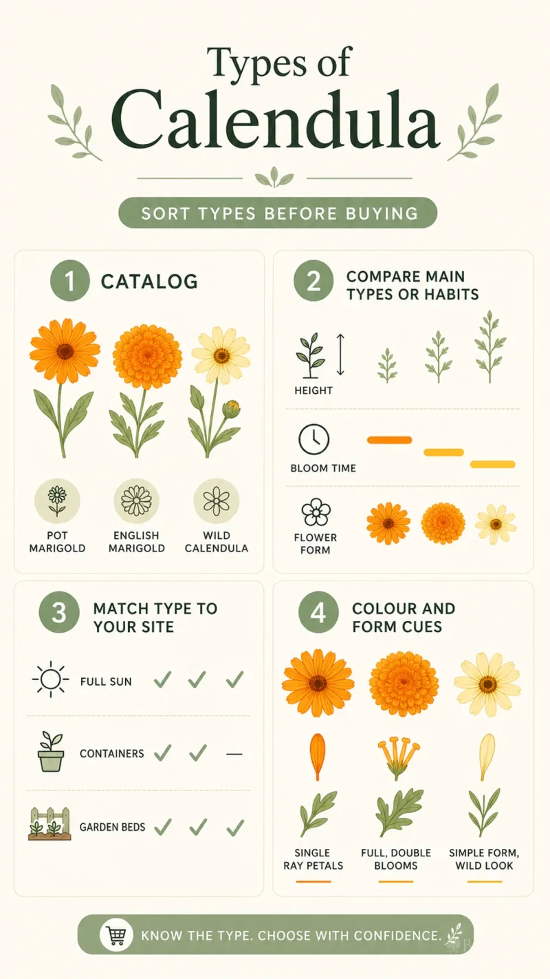 Types of Calendula care summary diagram