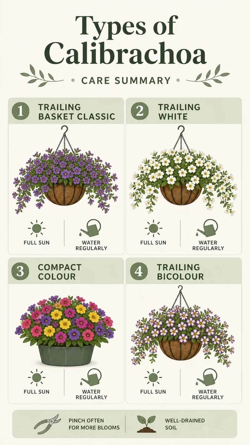 Types of Calibrachoa care summary diagram