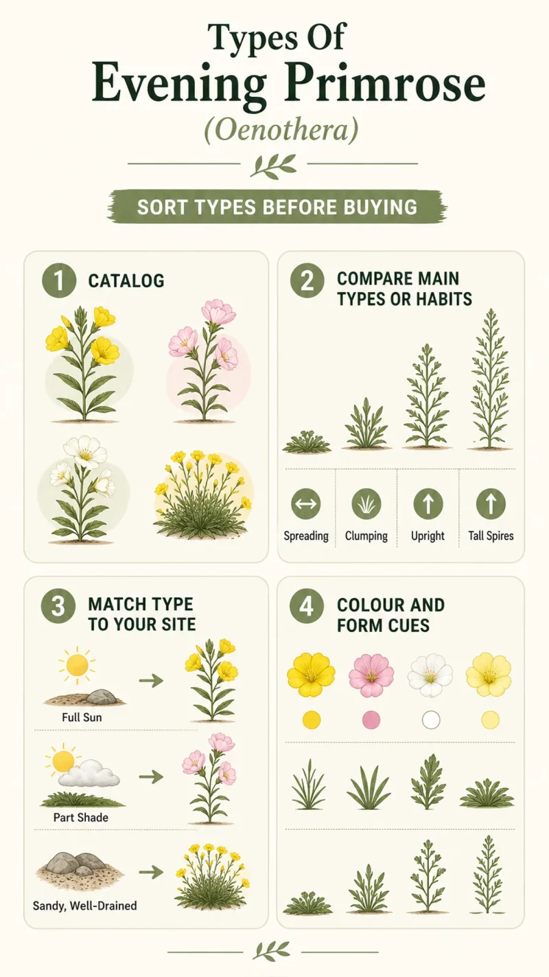 Types Of Evening Primrose care summary diagram