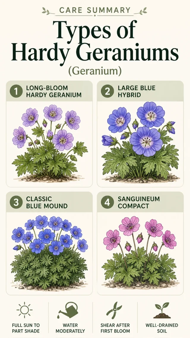 Types of Hardy Geraniums care summary diagram