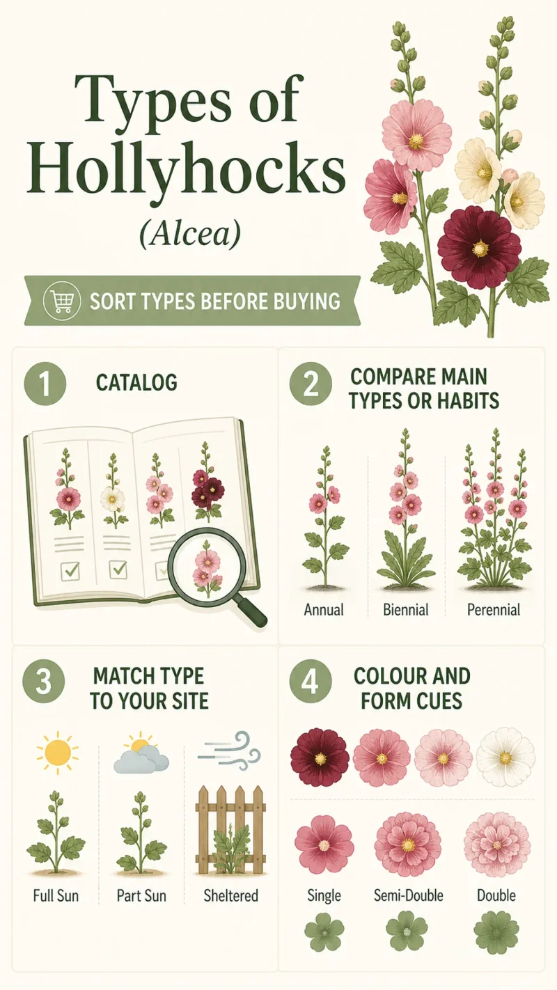 Types of Hollyhocks care summary diagram