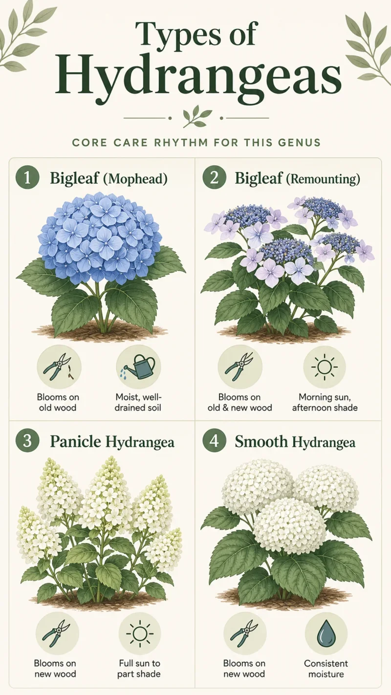 Types of Hydrangeas care summary diagram