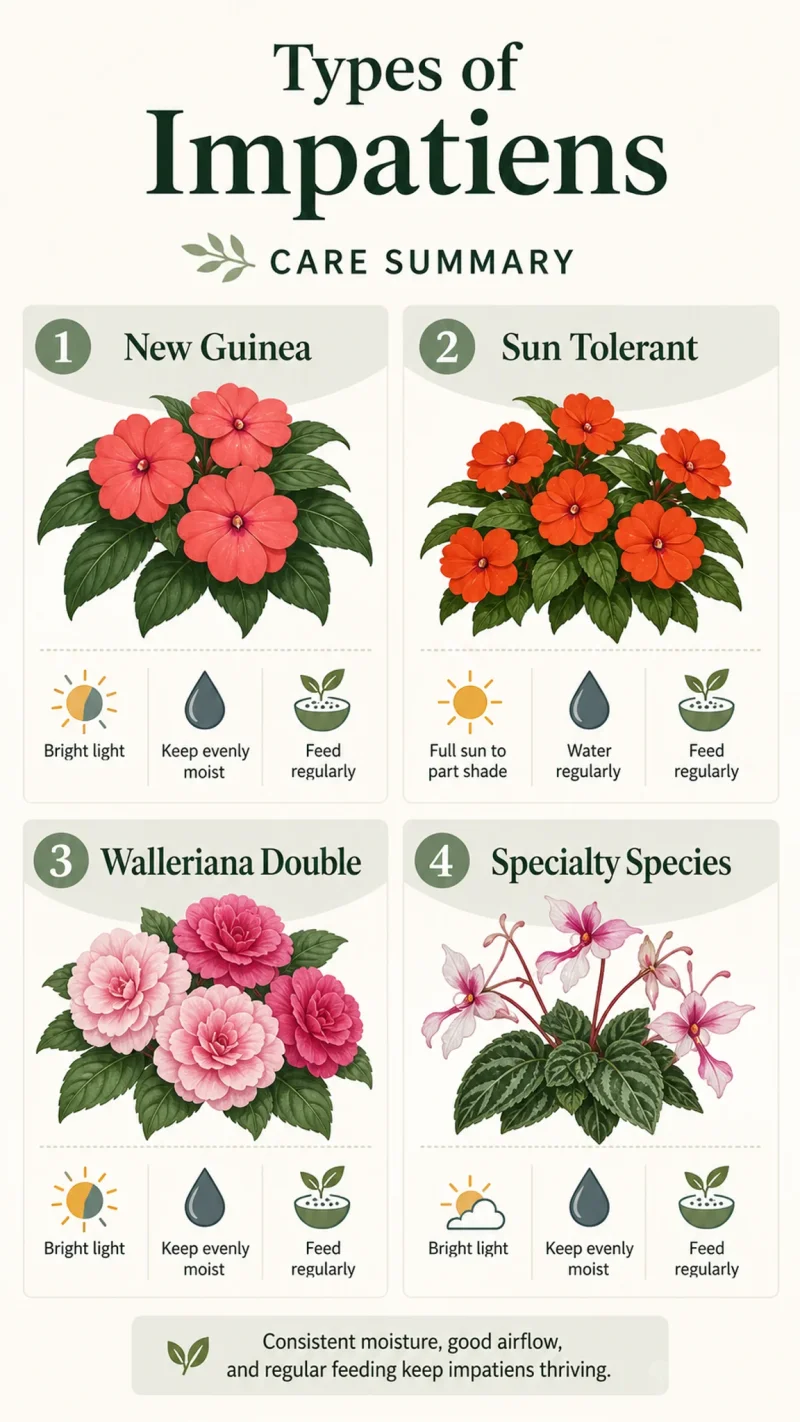 Types of Impatiens care summary diagram