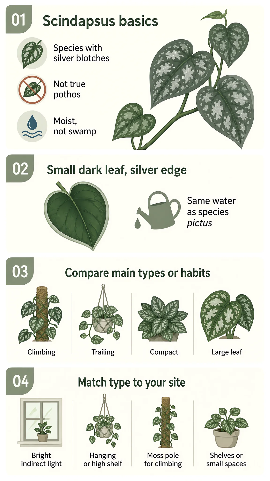 Types of Scindapsus care summary diagram