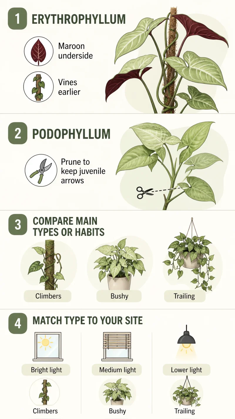Types of Syngonium care summary diagram