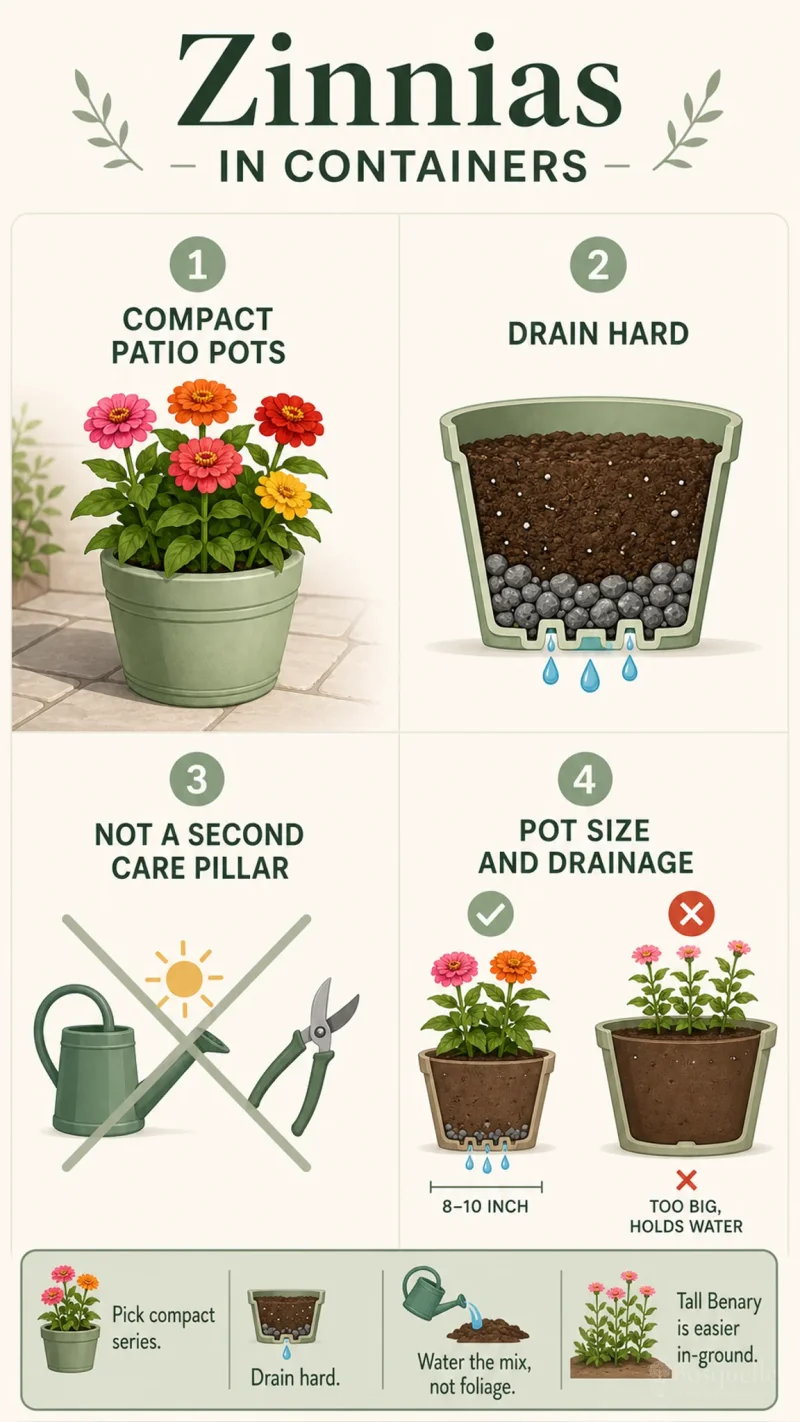 Zinnias in Containers care summary diagram