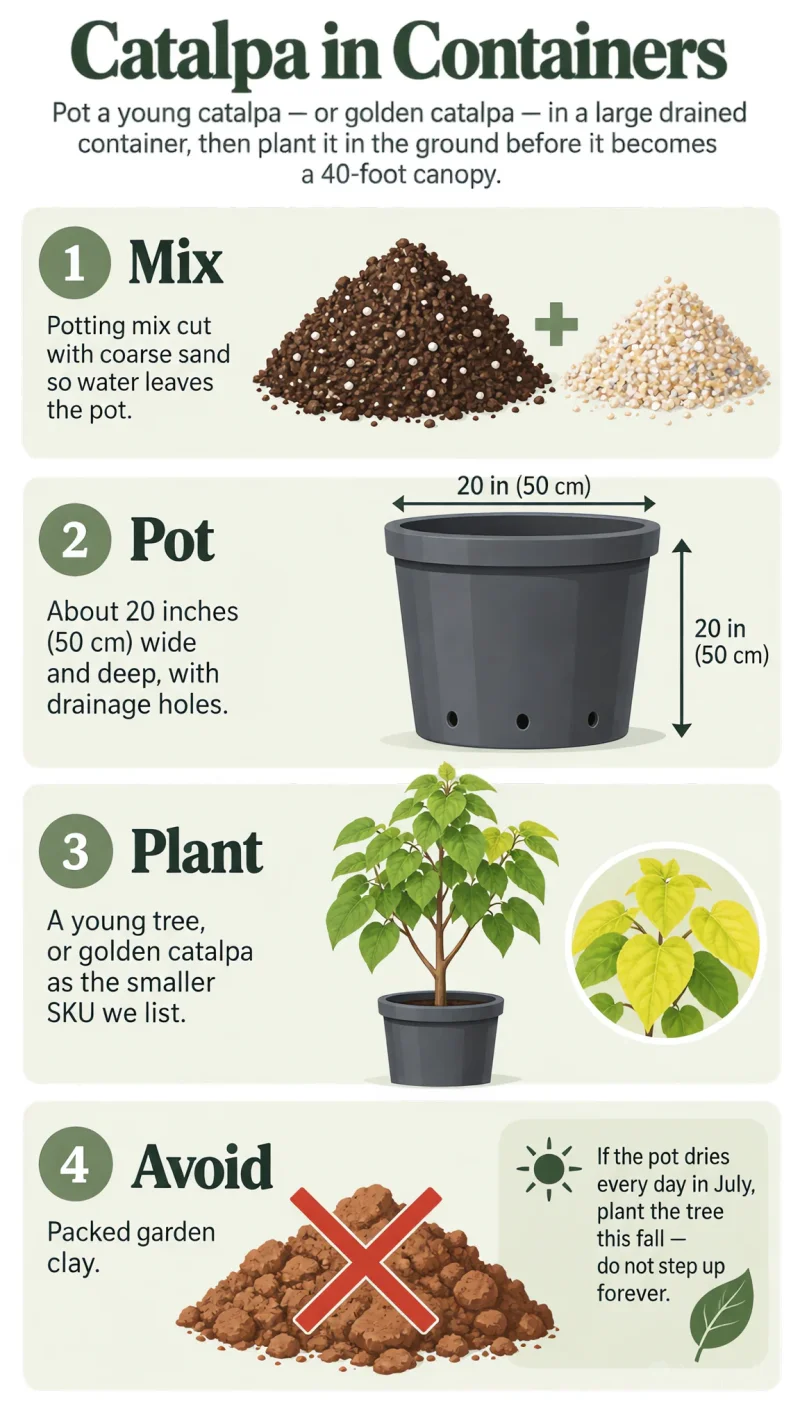 Catalpa in Containers care summary diagram