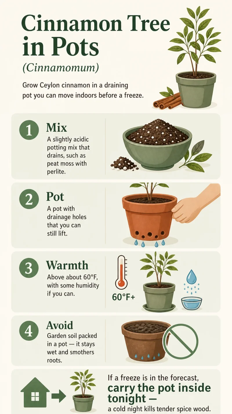 Cinnamon Tree in Pots care summary diagram
