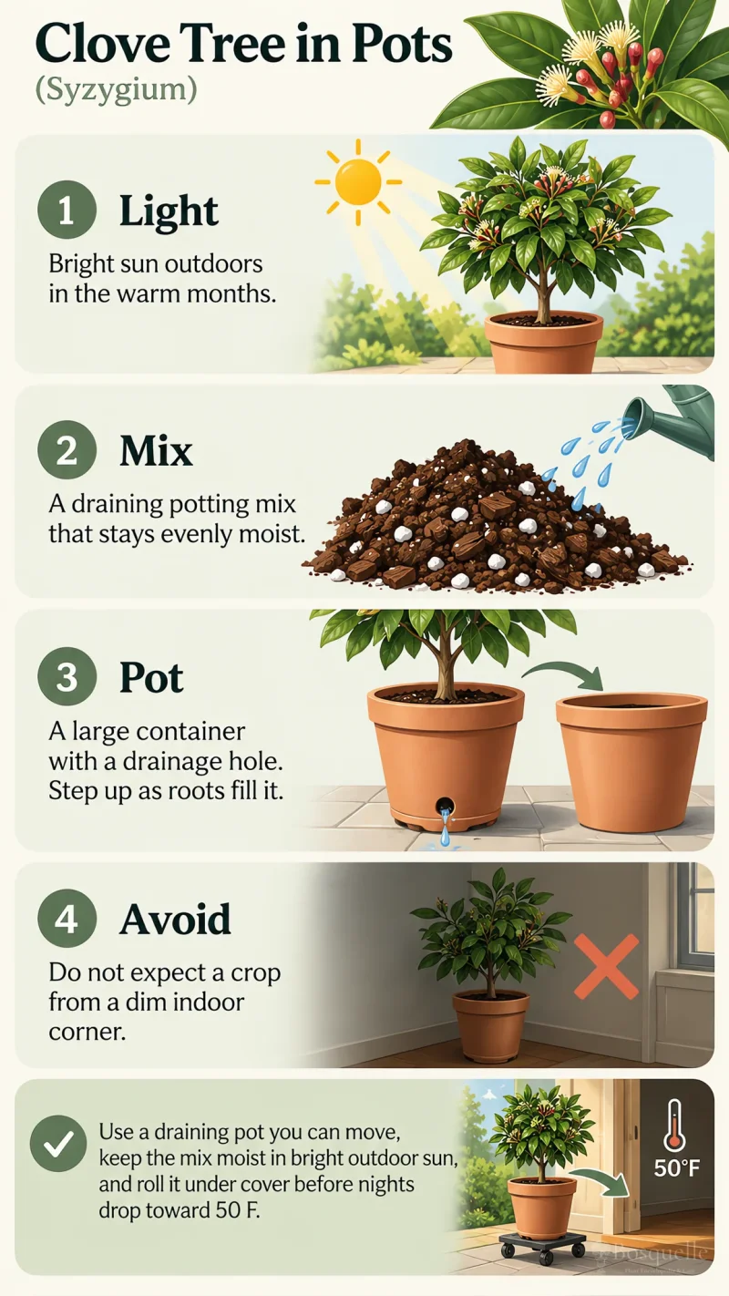 Clove Tree in Pots care summary diagram