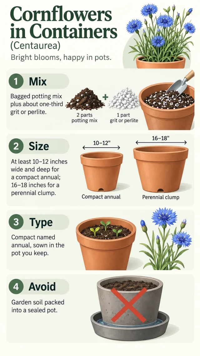 Cornflowers in Containers care summary diagram