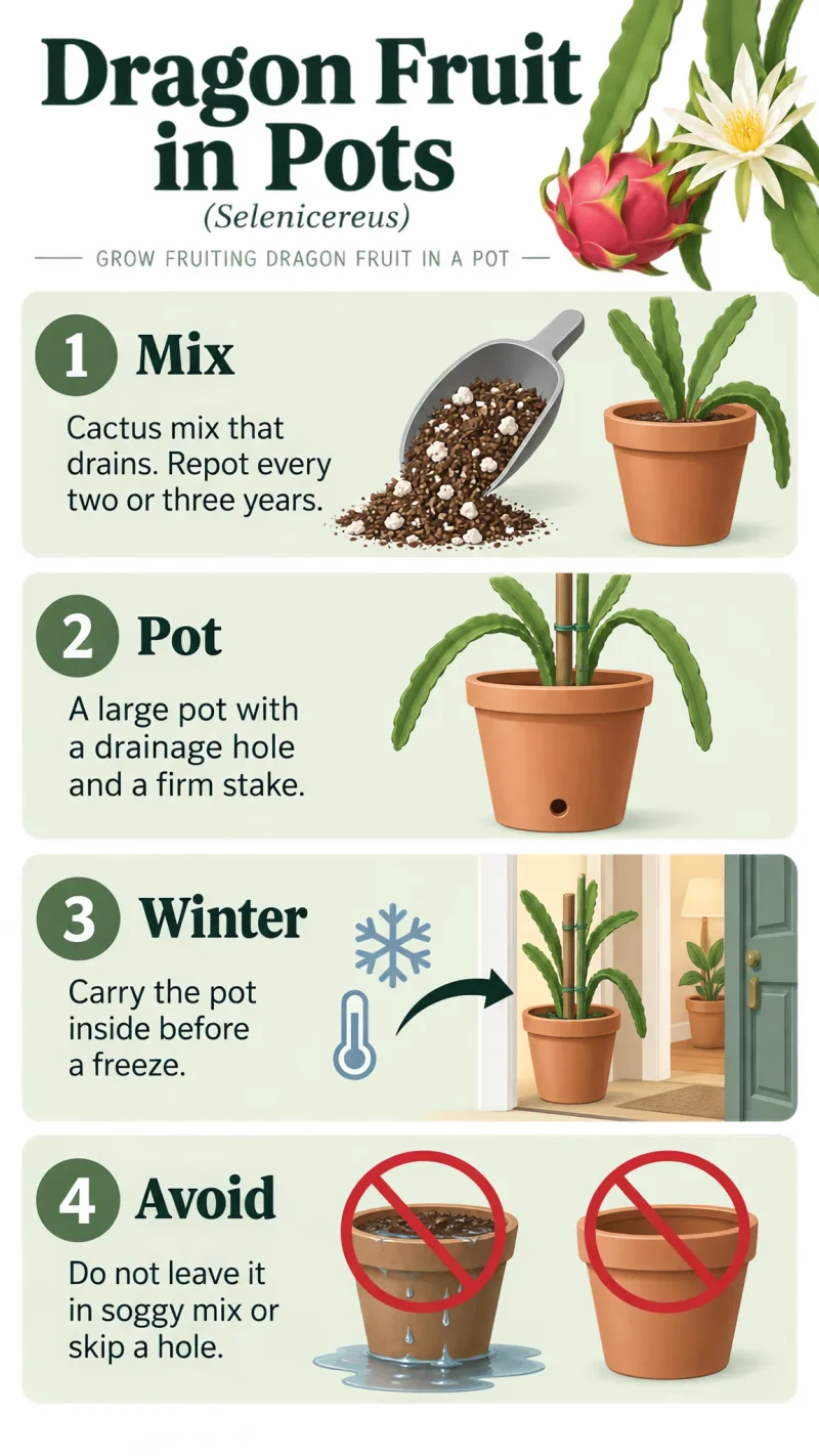 Dragon Fruit in Pots care summary diagram