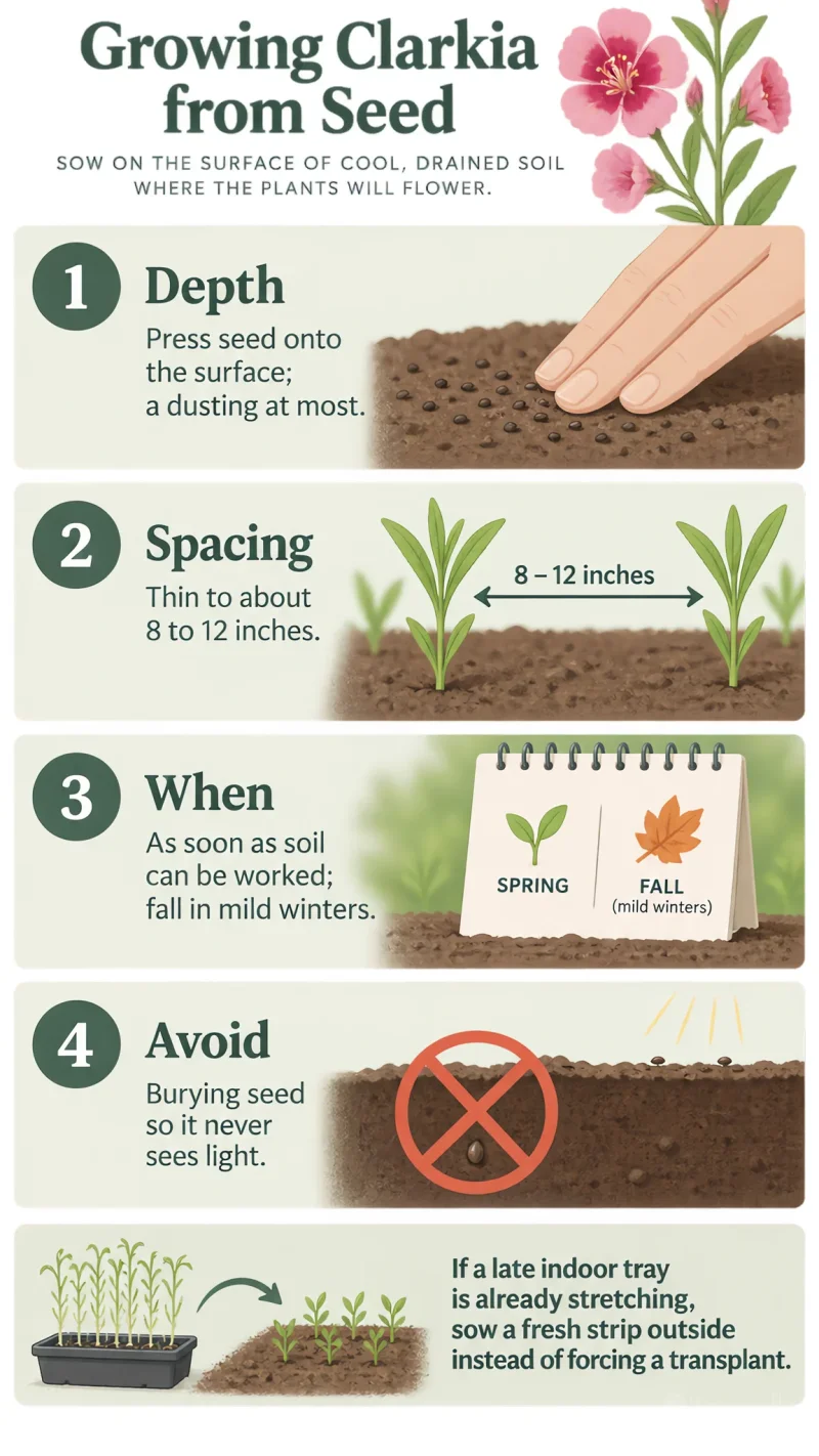 Growing Clarkia from Seed care summary diagram
