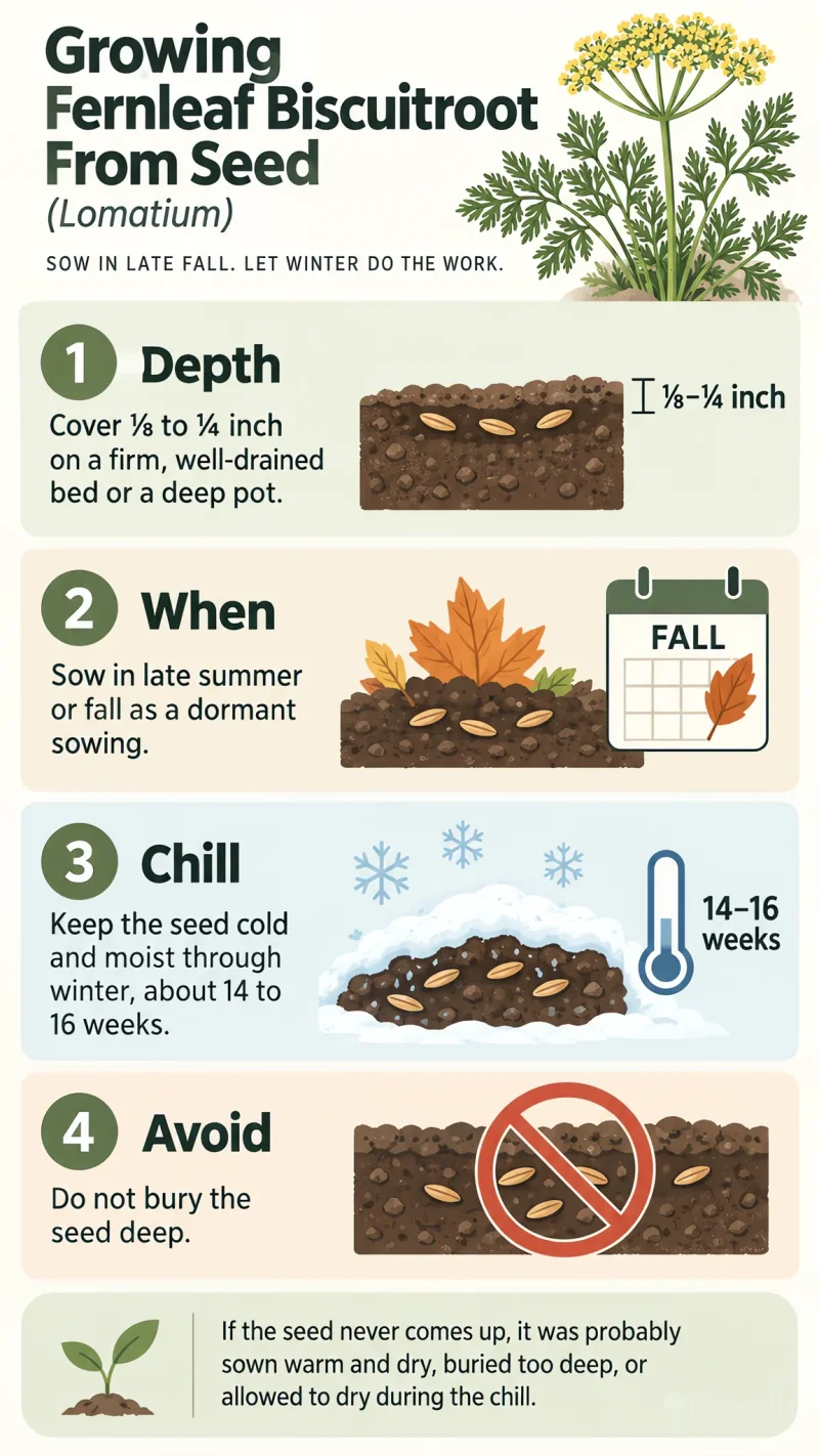 Growing Fernleaf Biscuitroot From Seed care summary diagram