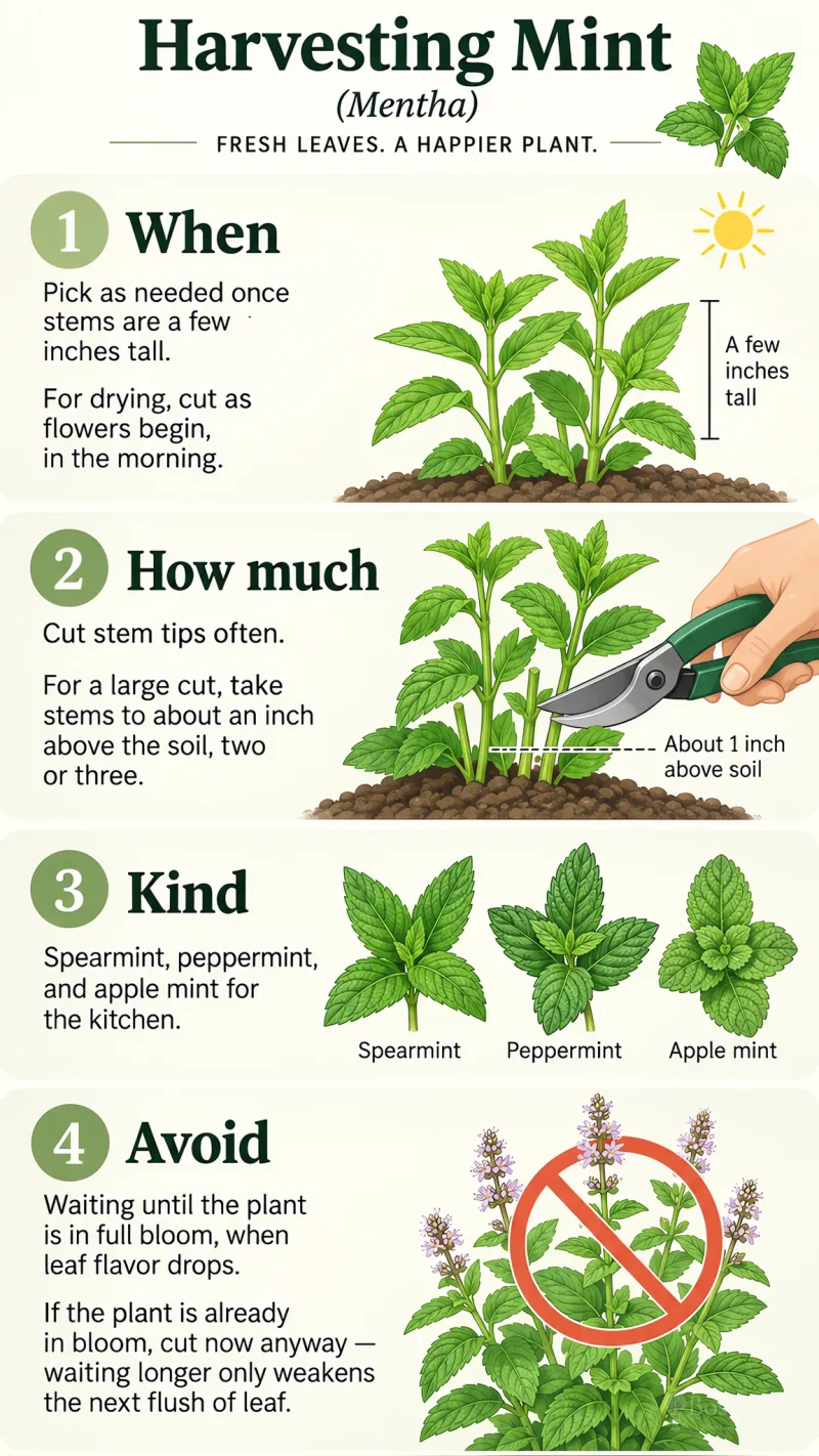 Harvesting Mint care summary diagram
