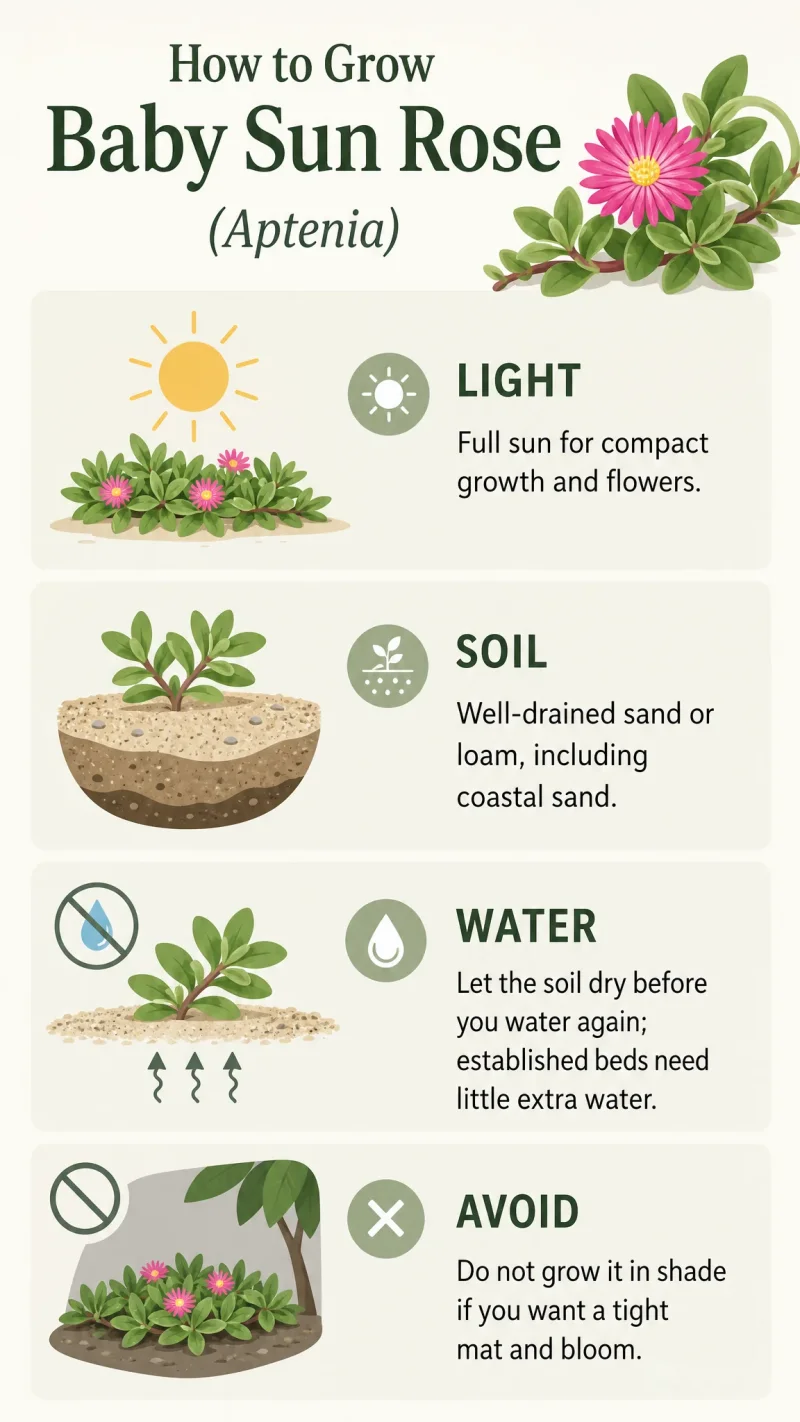 How to Grow Baby Sun Rose care summary diagram