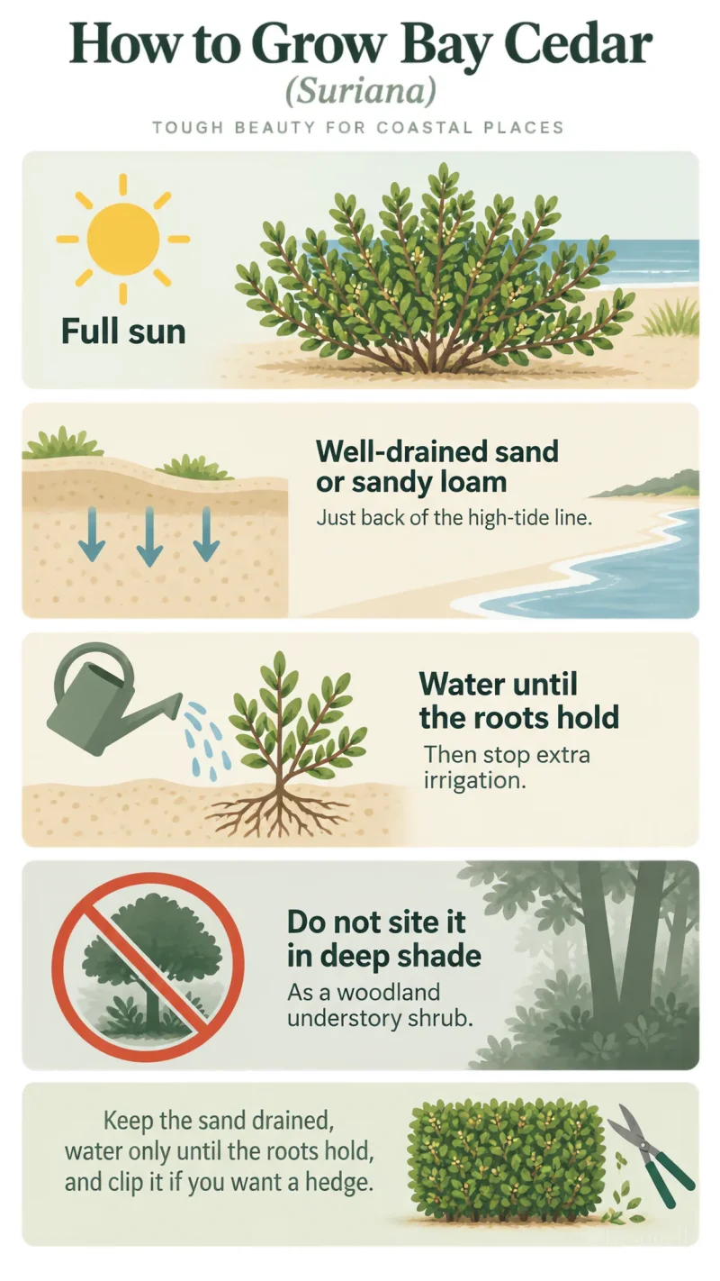 How to Grow Bay Cedar care summary diagram