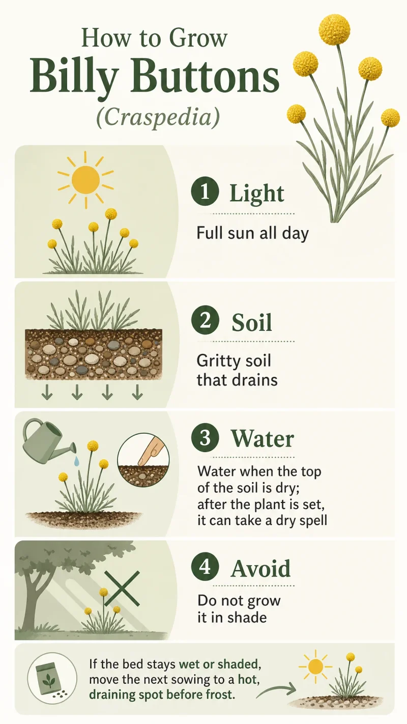 How to Grow Billy Buttons care summary diagram