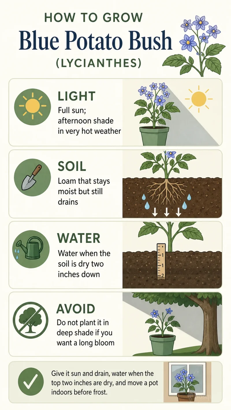 How to Grow Blue Potato Bush care summary diagram