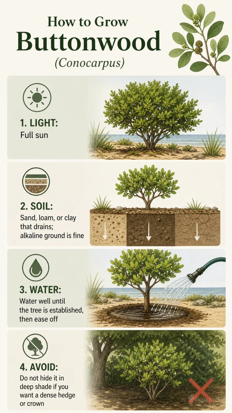 How to Grow Buttonwood care summary diagram