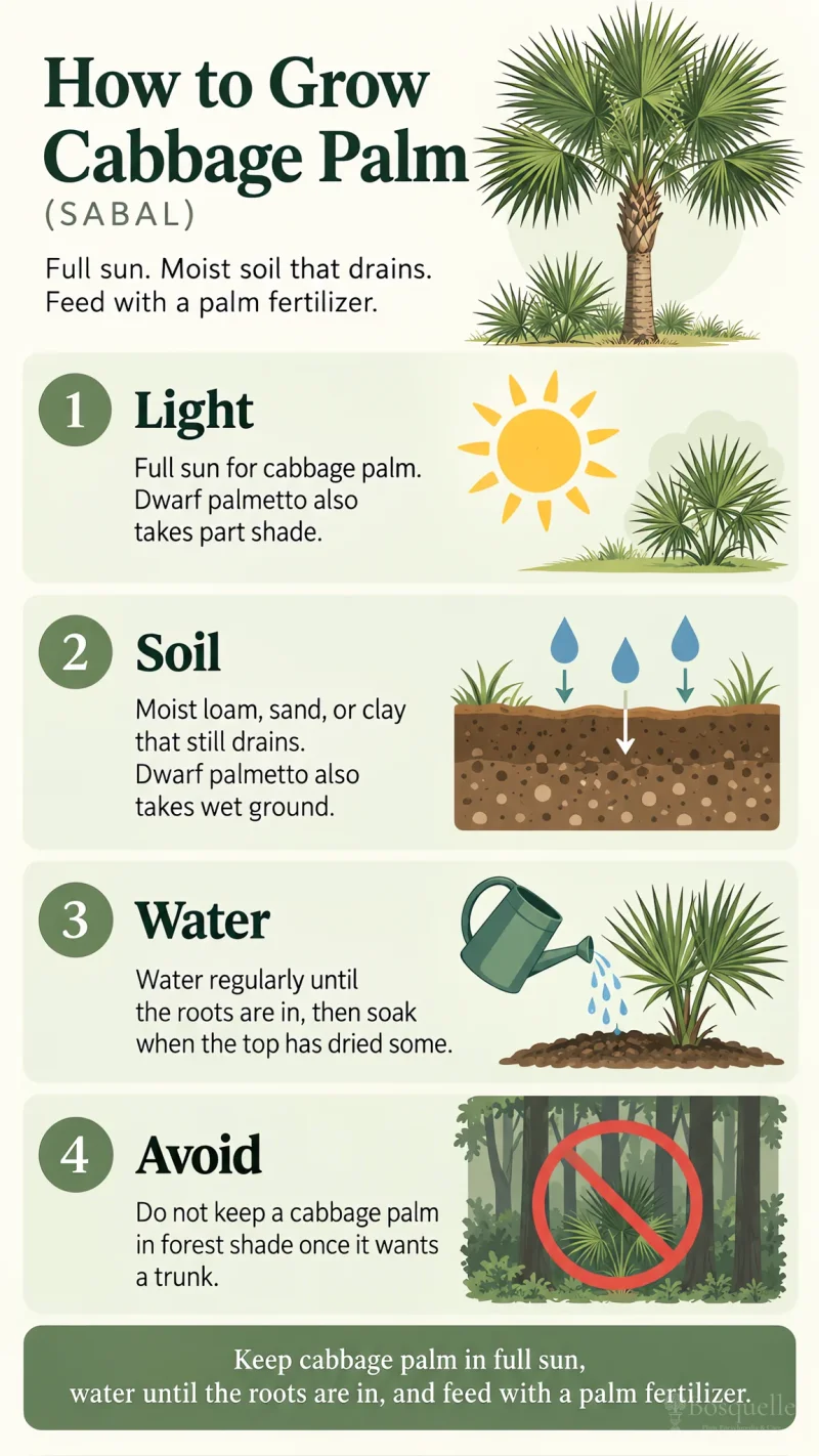 How to Grow Cabbage Palm care summary diagram