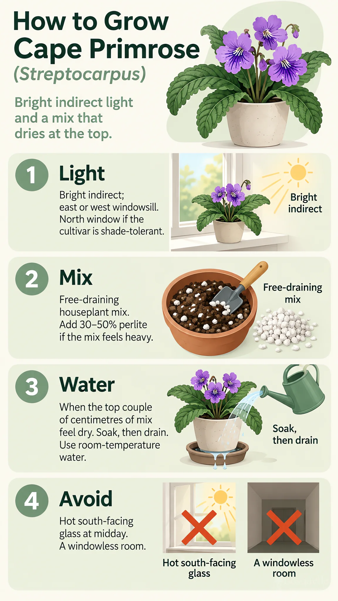 How to Grow Cape Primrose care summary diagram