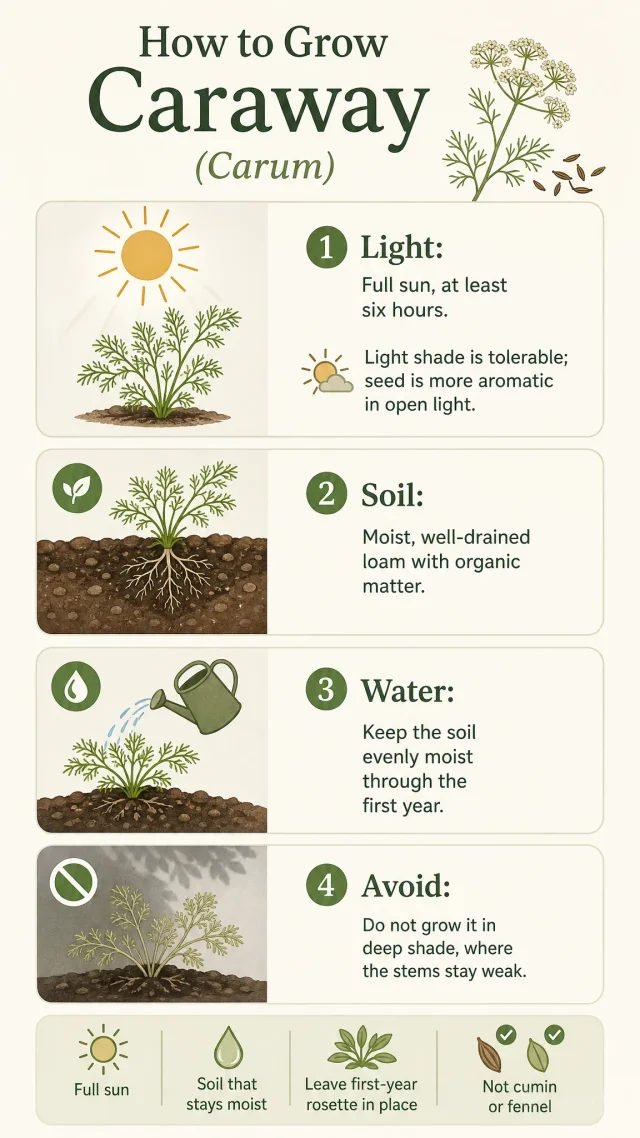 How to Grow Caraway care summary diagram