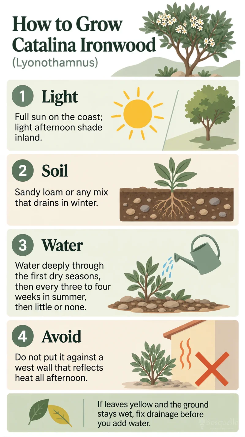 How to Grow Catalina Ironwood care summary diagram