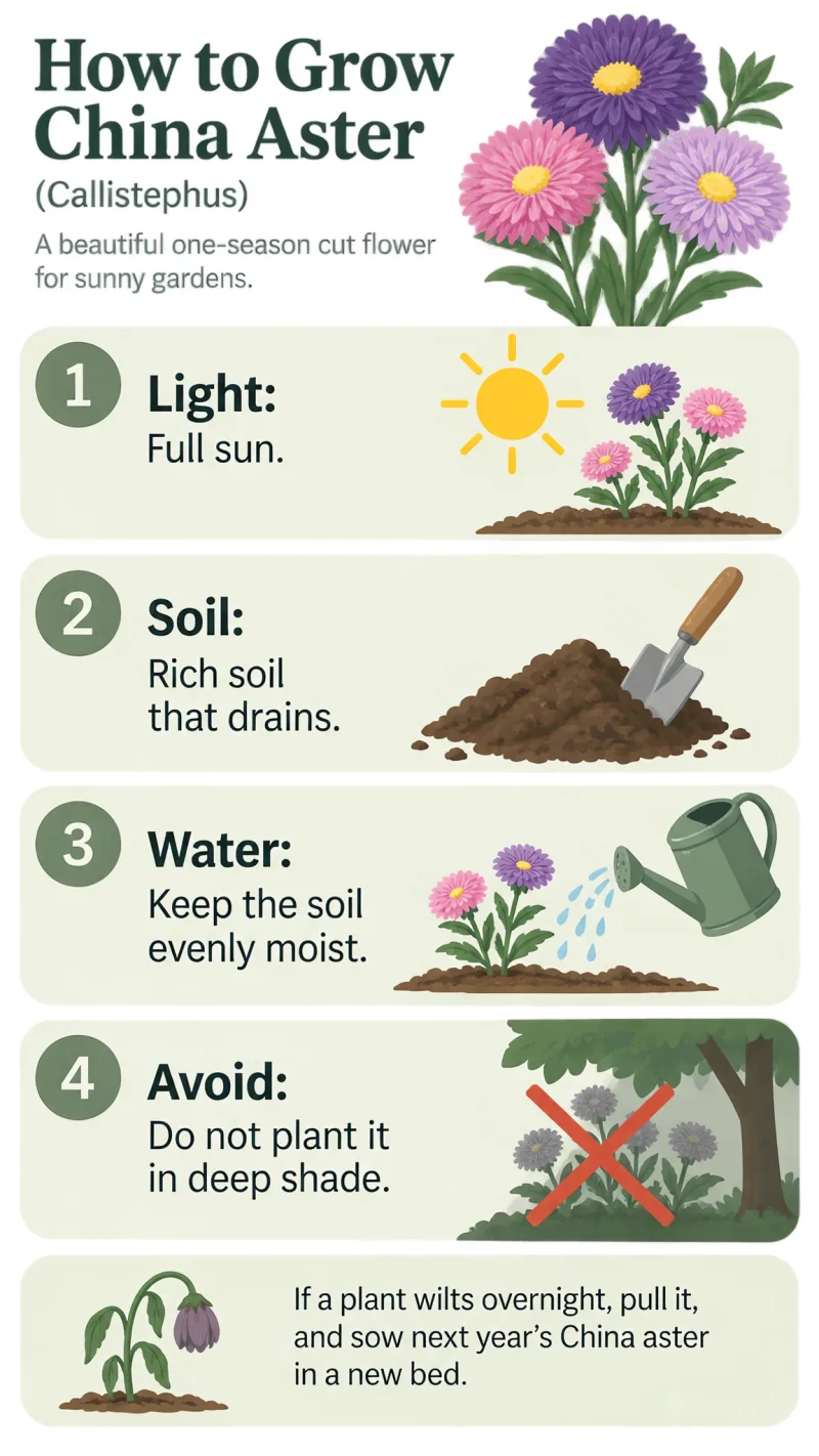 How to Grow China Aster care summary diagram