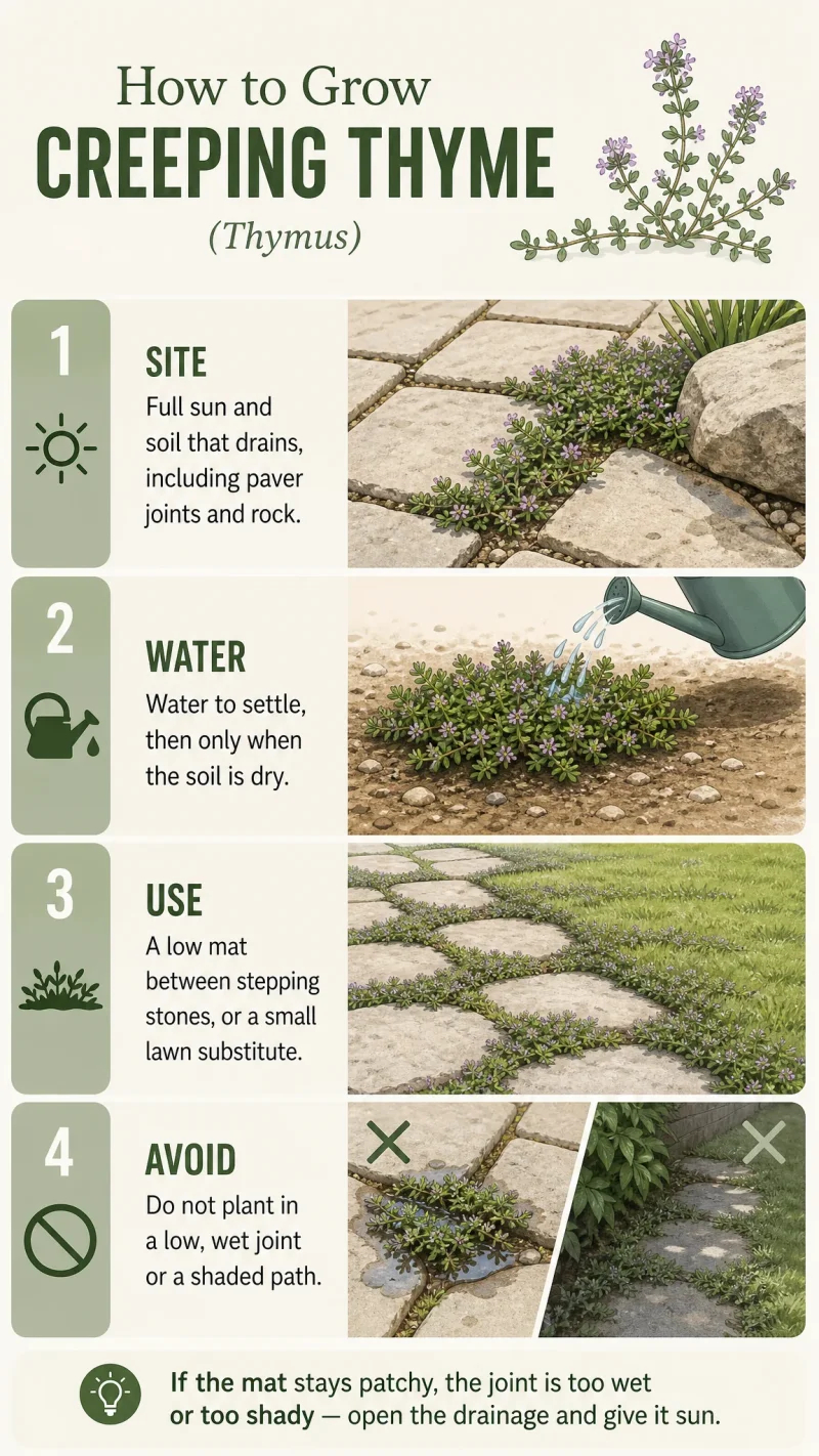 How to Grow Creeping Thyme care summary diagram