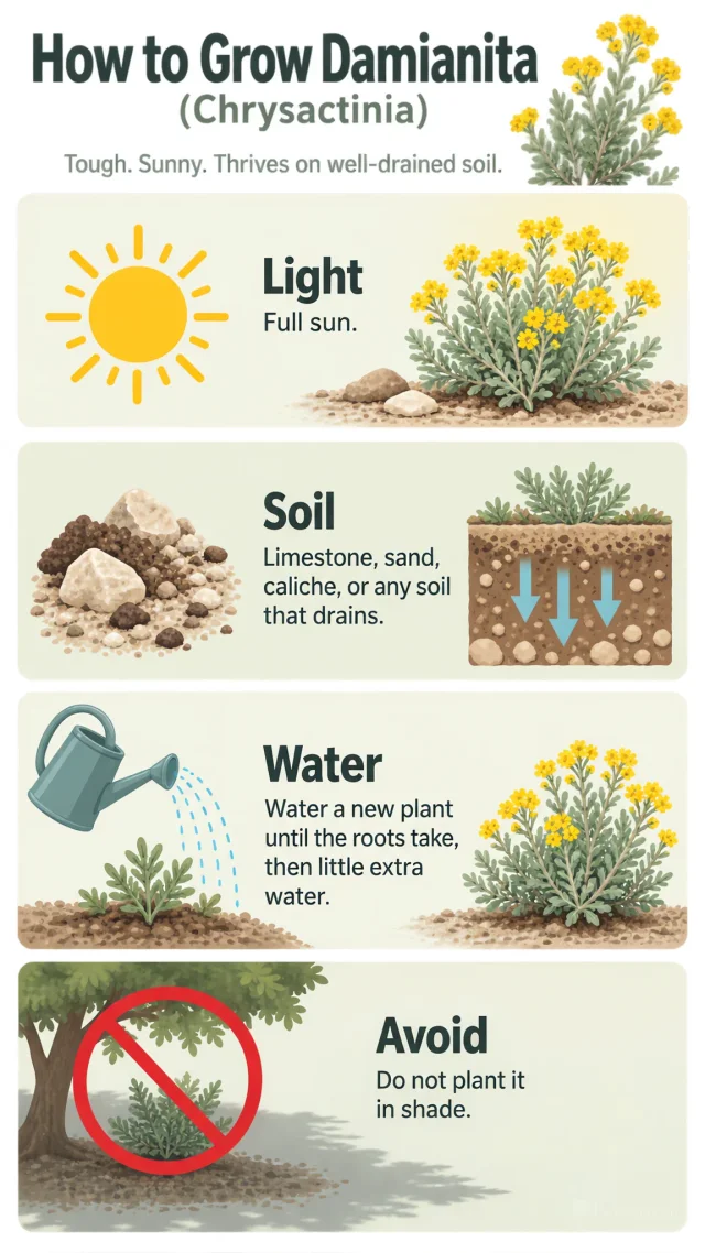 How to Grow Damianita care summary diagram