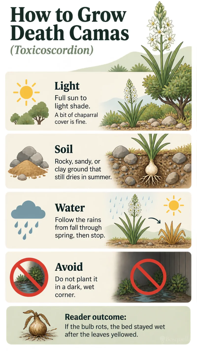 How to Grow Death Camas care summary diagram