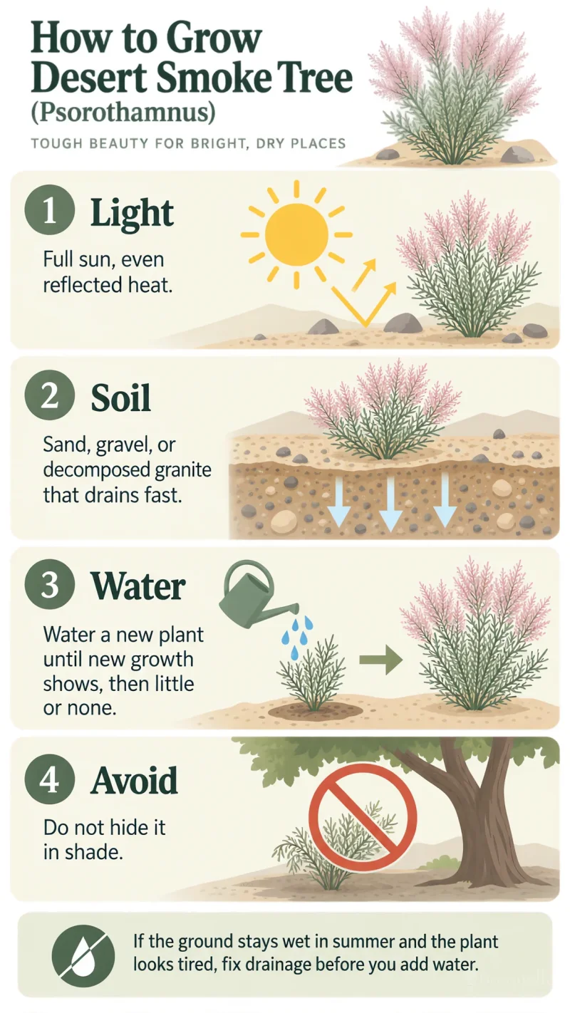 How to Grow Desert Smoke Tree care summary diagram