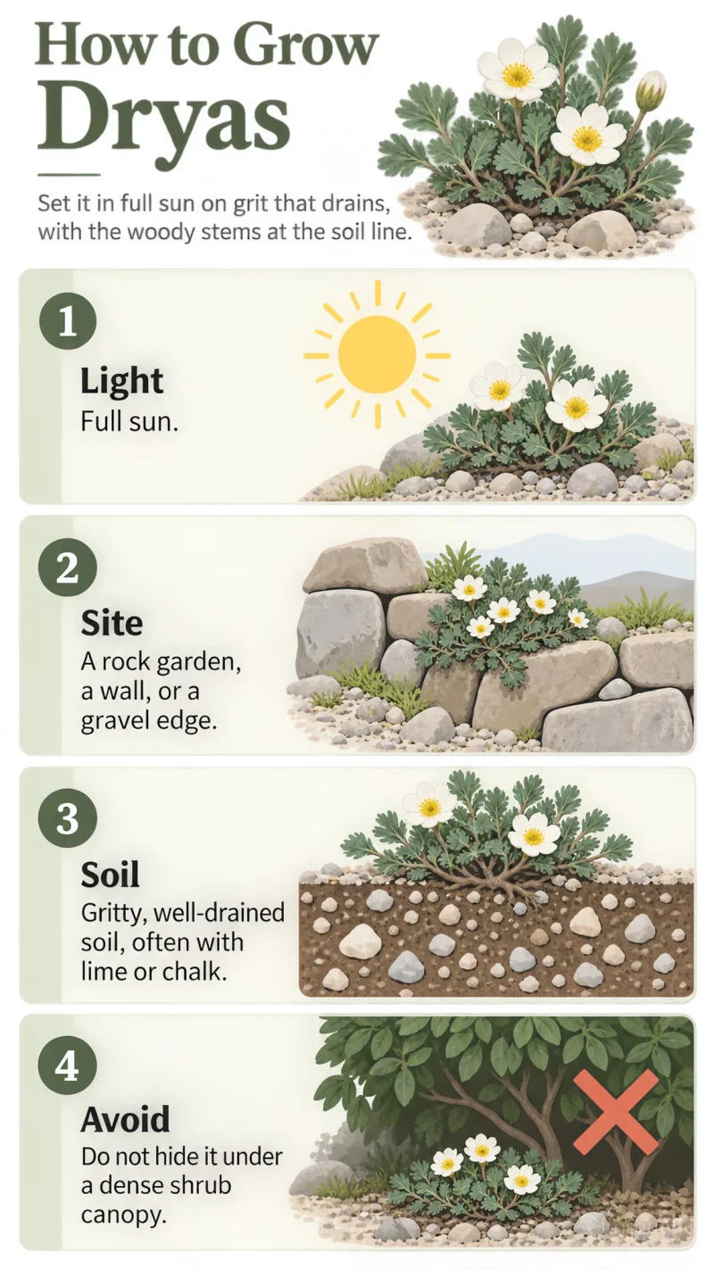 How to Grow Dryas care summary diagram