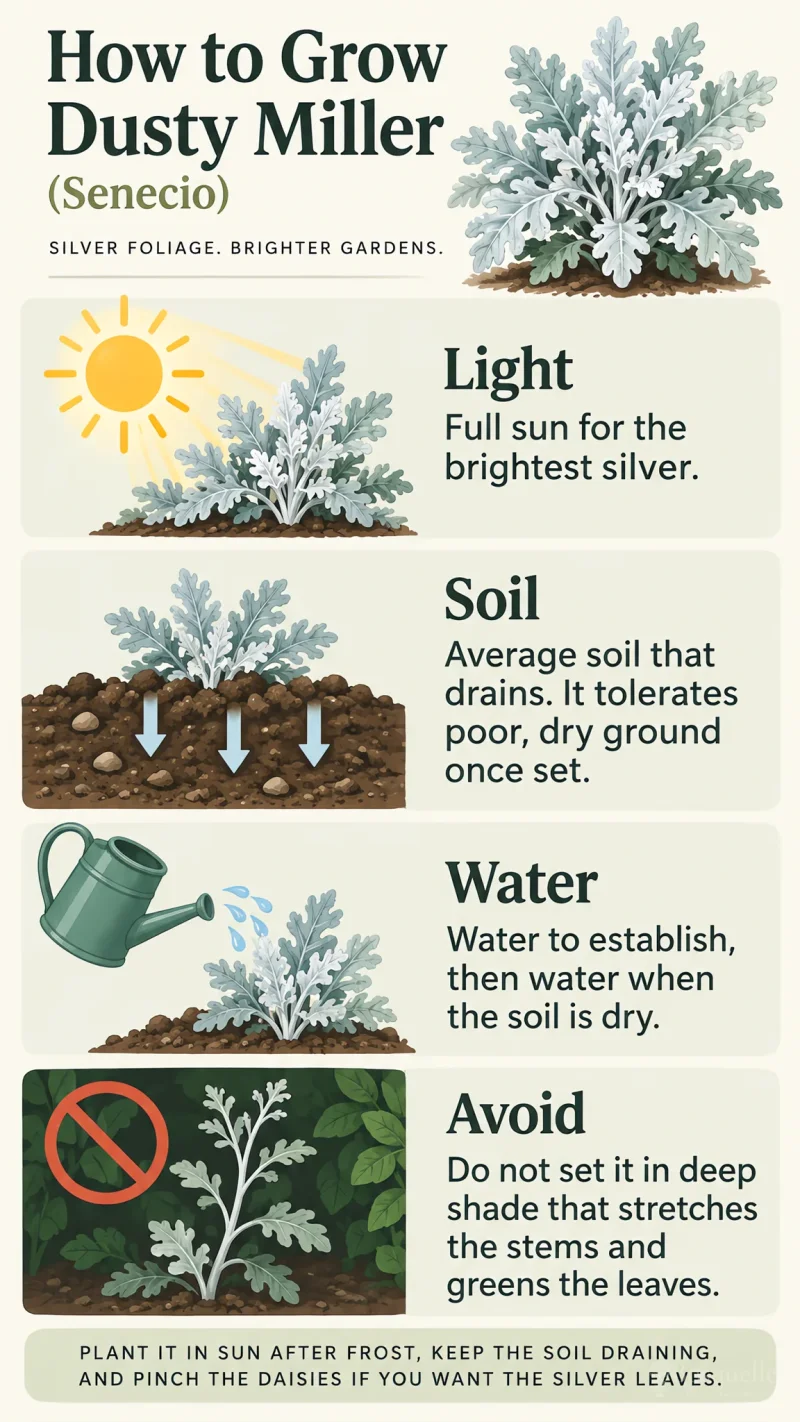 How to Grow Dusty Miller care summary diagram