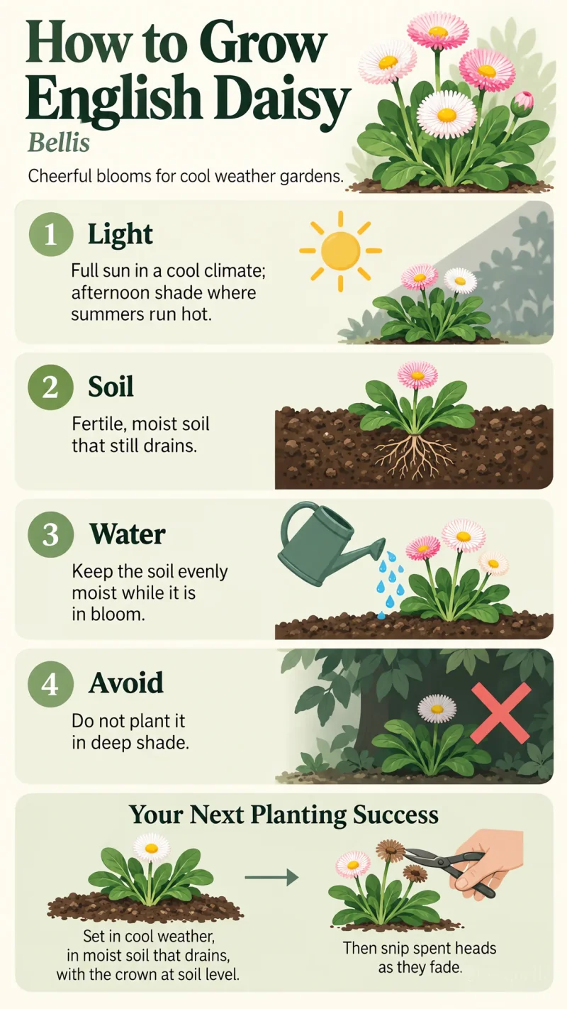 How to Grow English Daisy care summary diagram