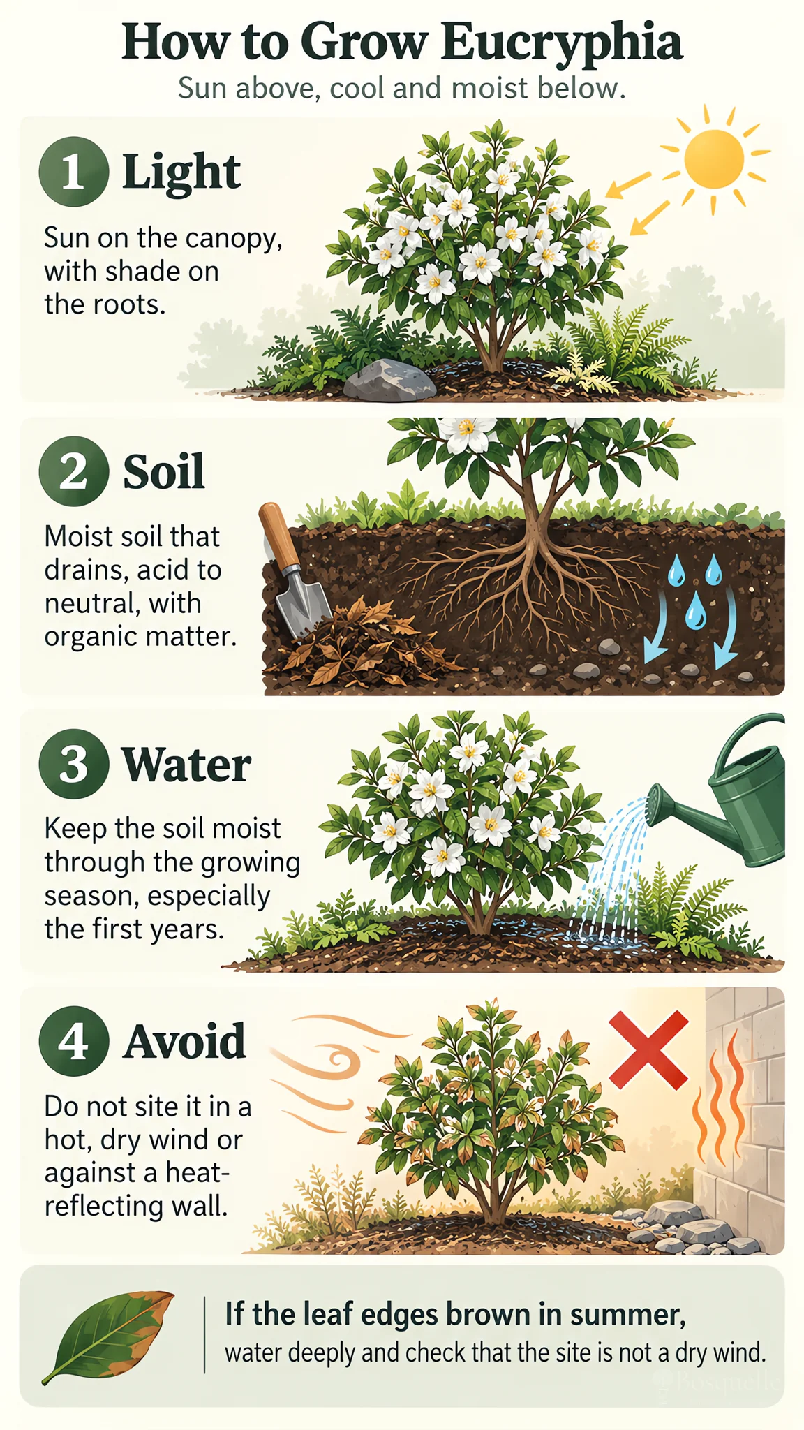 How to Grow Eucryphia care summary diagram