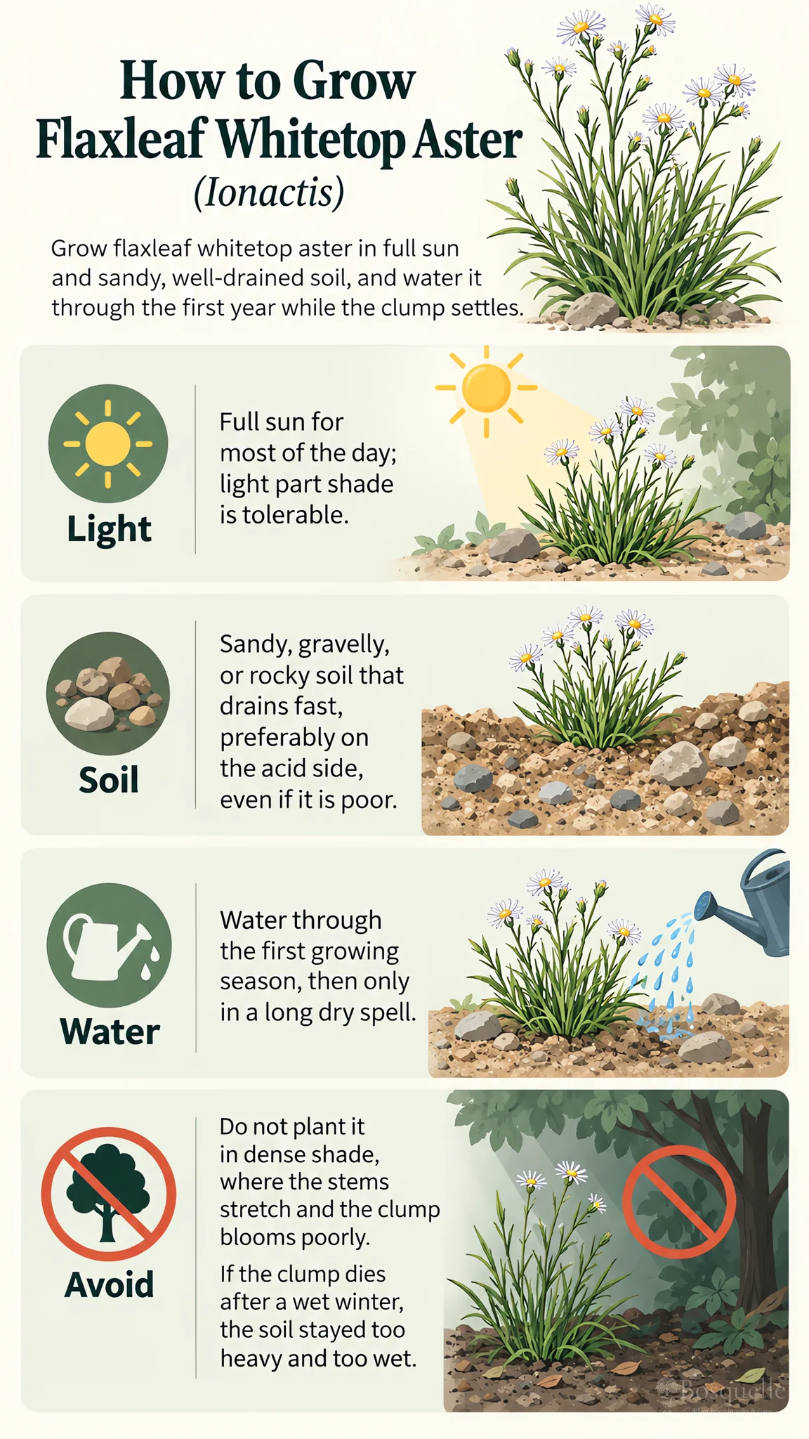 How to Grow Flaxleaf Whitetop Aster care summary diagram
