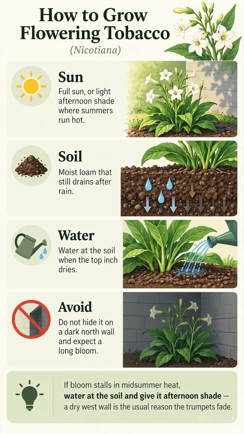 How to Grow Flowering Tobacco care summary diagram