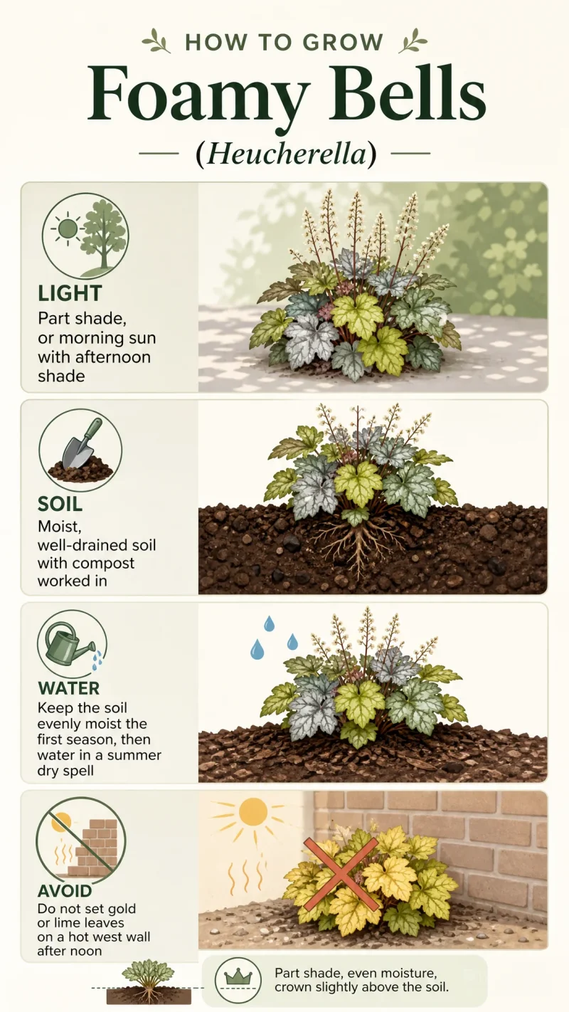 How to Grow Foamy Bells care summary diagram