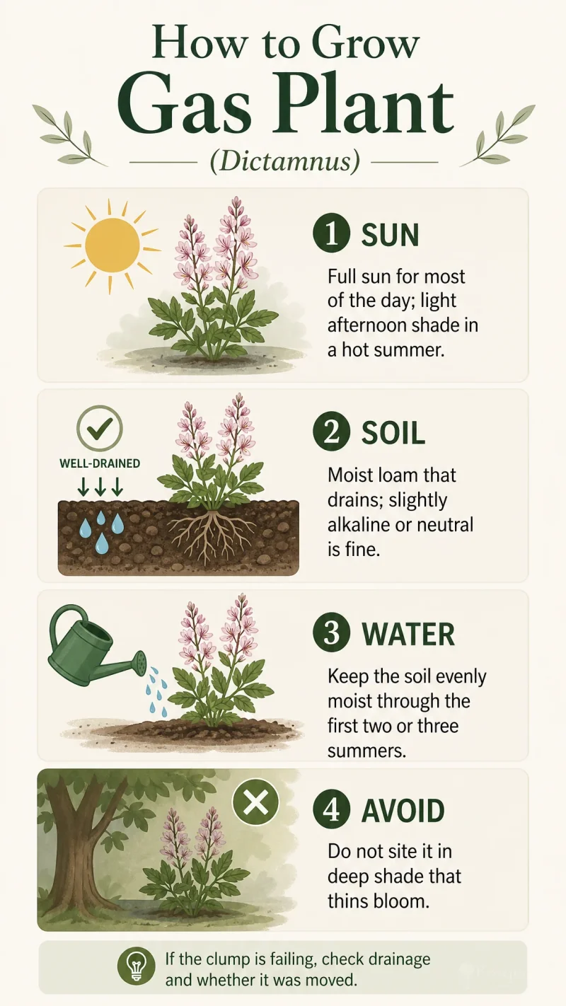 How to Grow Gas Plant care summary diagram