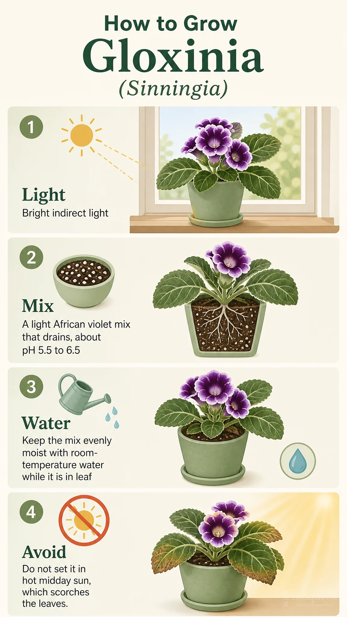 How to Grow Gloxinia care summary diagram