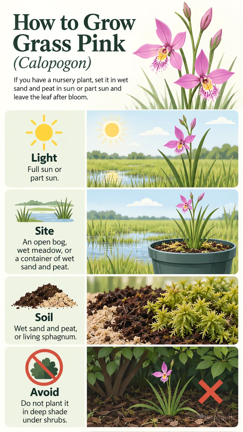 How to Grow Grass Pink care summary diagram