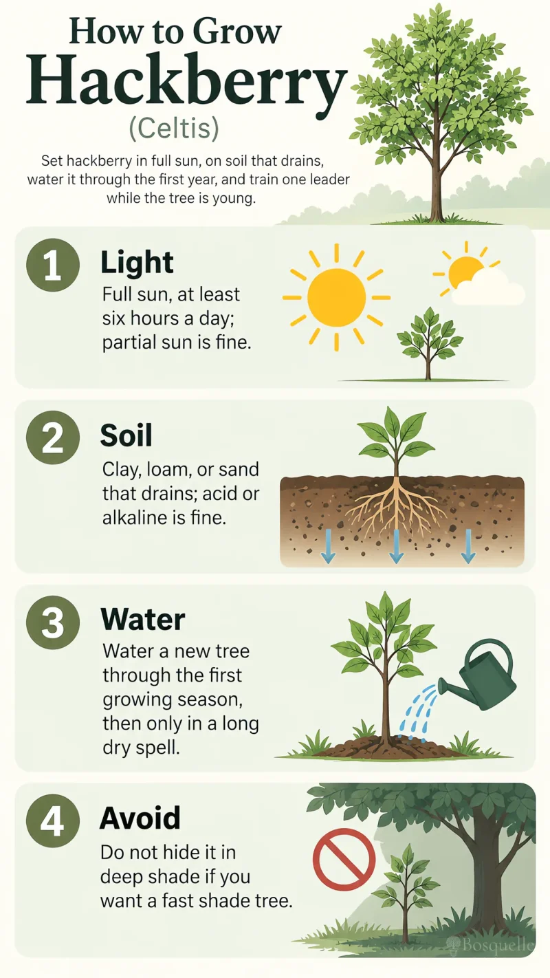 How to Grow Hackberry care summary diagram