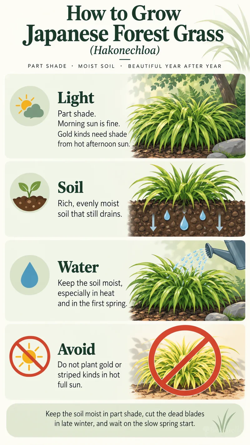 How to Grow Japanese Forest Grass care summary diagram