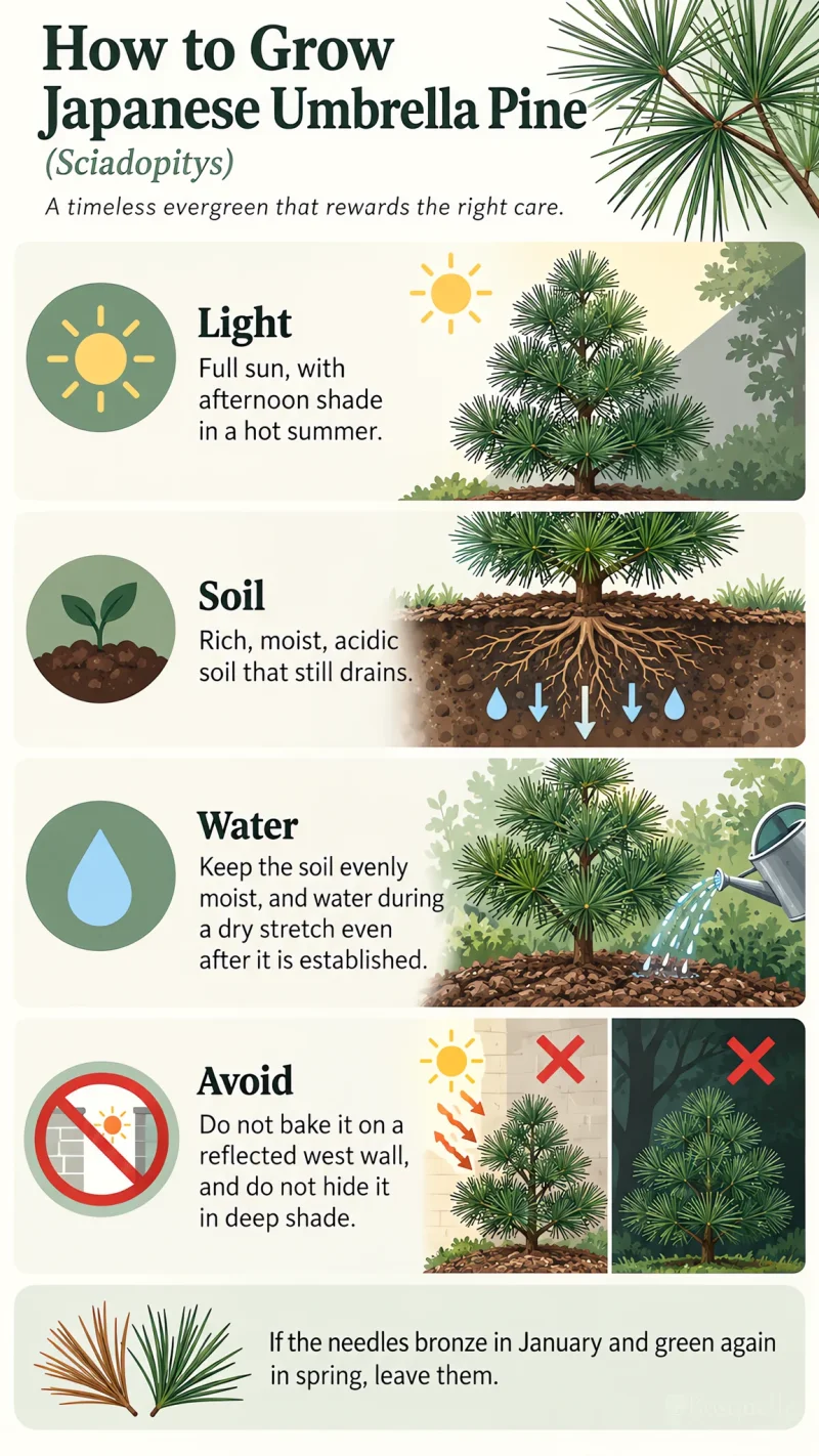 How to Grow Japanese Umbrella Pine care summary diagram