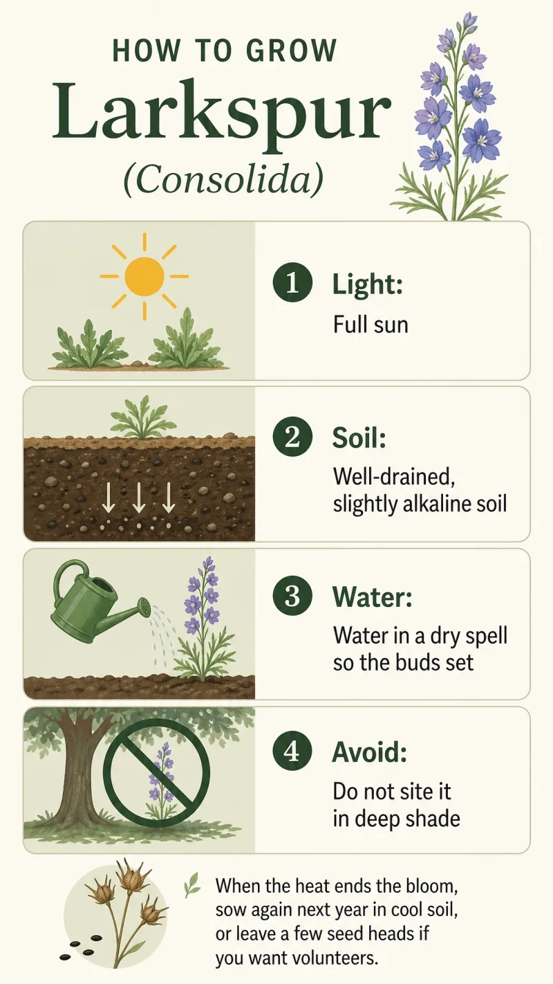 How to Grow Larkspur care summary diagram