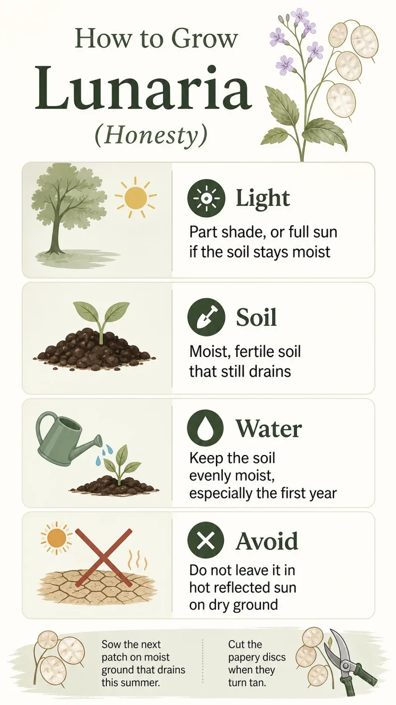 How to Grow Lunaria care summary diagram